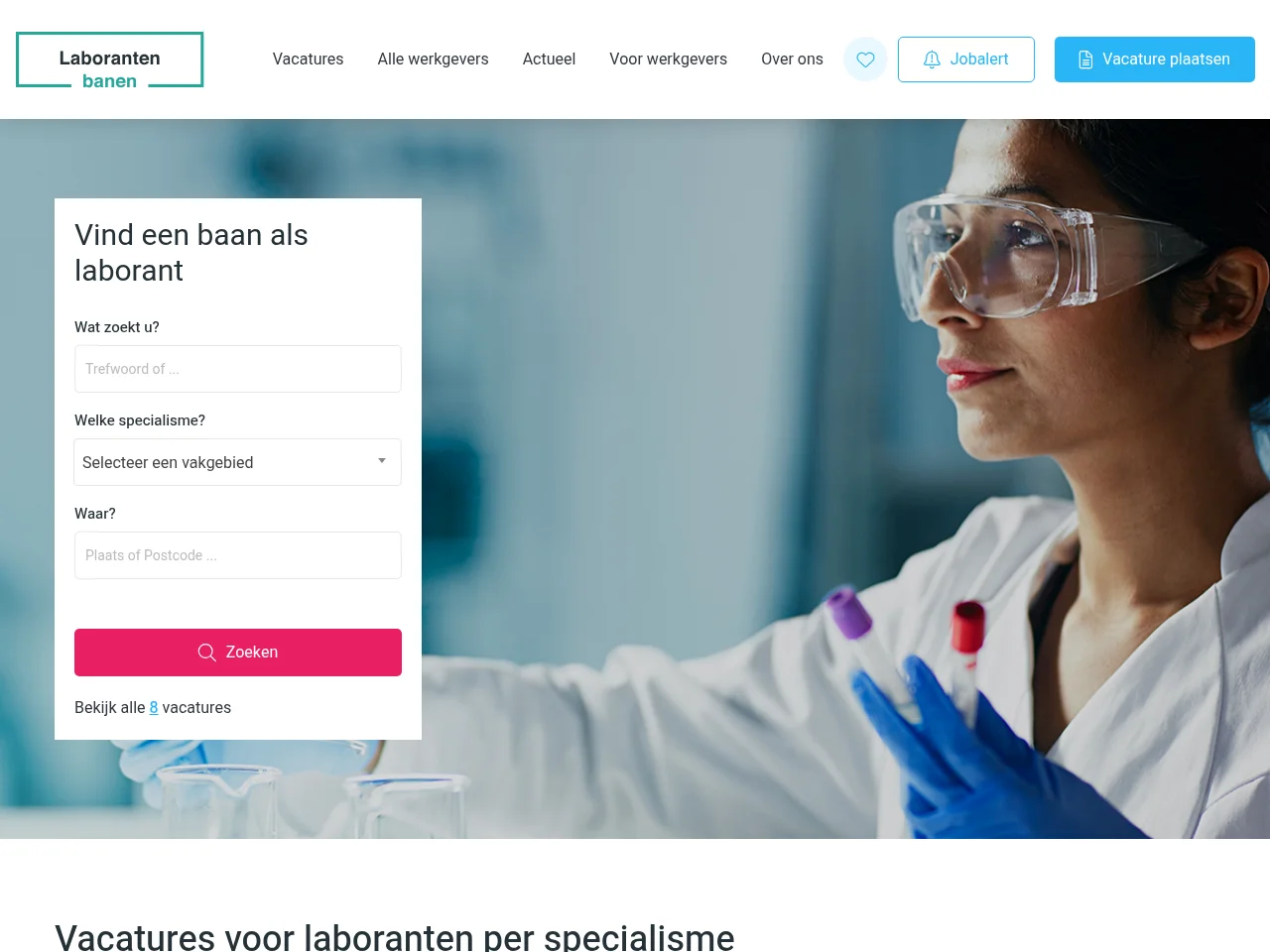 Laborantenbanen.nl job board platform screenshot showing job search interface
