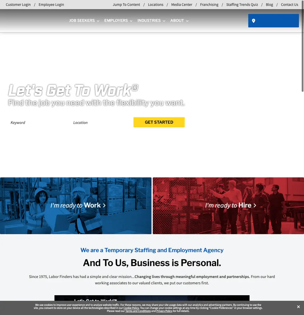 Labor Finders job board platform screenshot showing job search interface