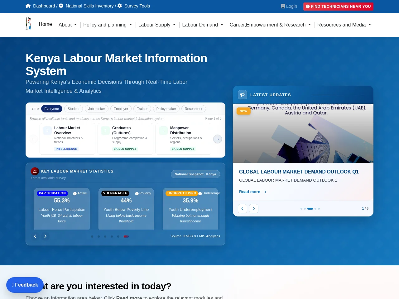 KLMIS - Kenya Labour Market Information System job board platform screenshot showing job search interface