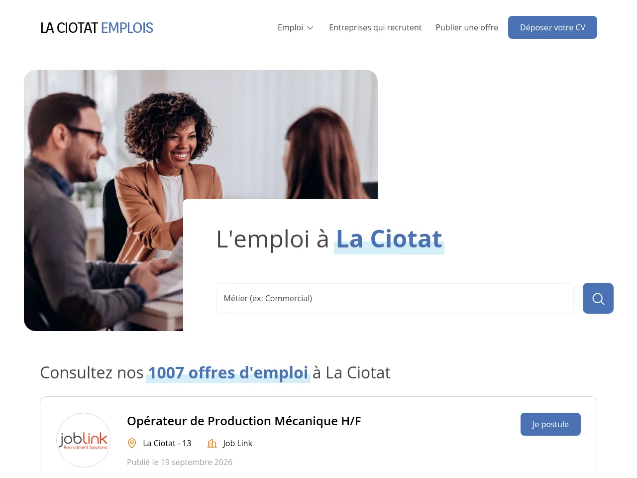 La Ciotat Emplois job board platform screenshot showing job search interface