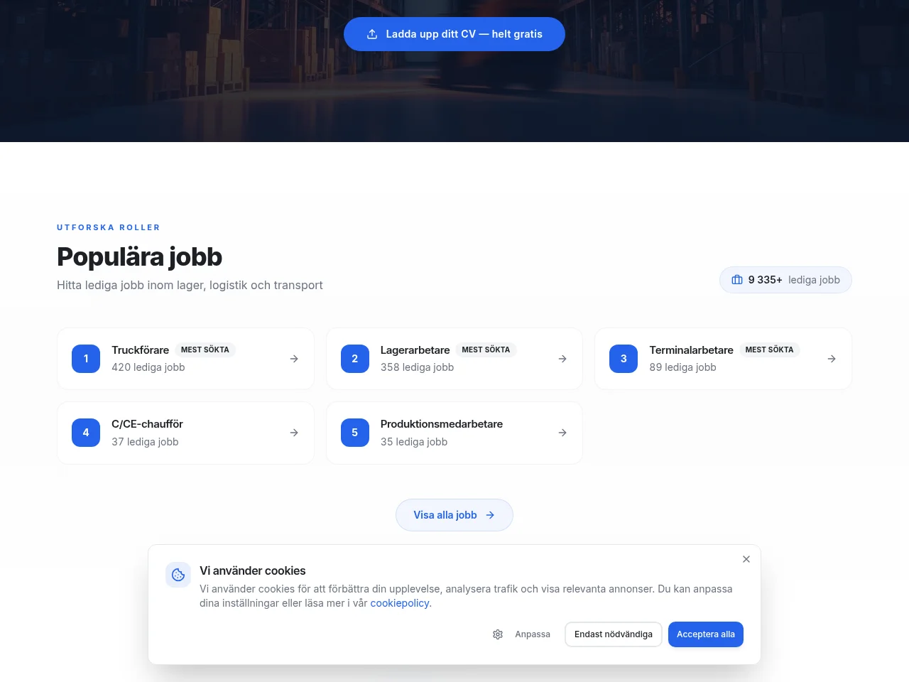Lagerjobb.com job board platform screenshot showing job search interface