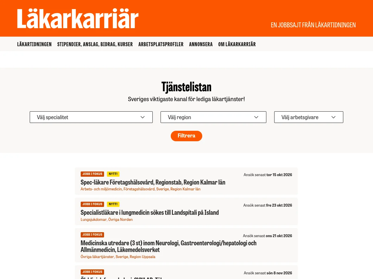 Läkarkarriar job board platform screenshot showing job search interface
