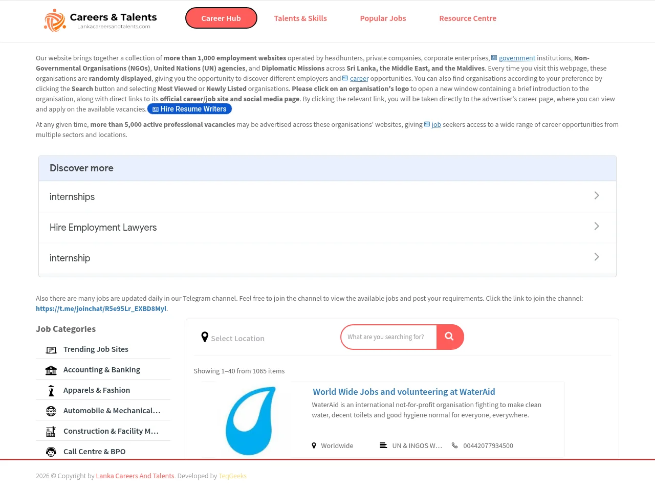 Lanka Careers and Talents job board platform screenshot showing job search interface