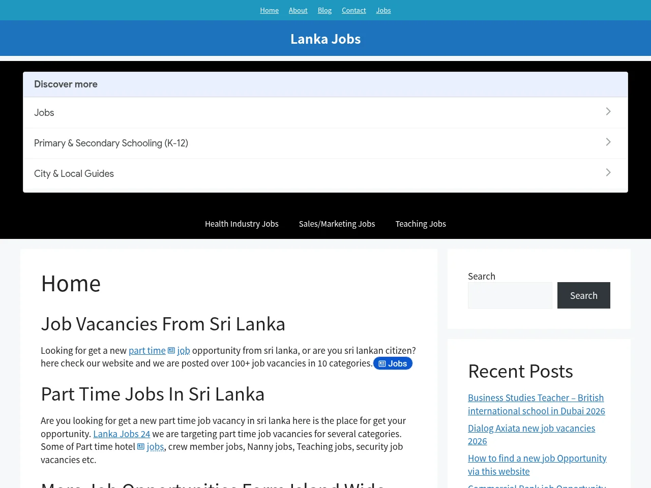 Lanka Jobs 24 job board platform screenshot showing job search interface