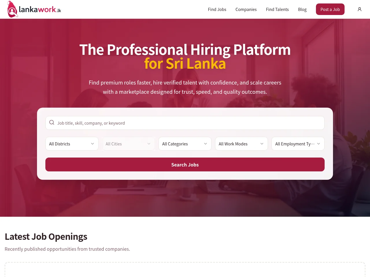 LankaWork job board platform screenshot showing job search interface