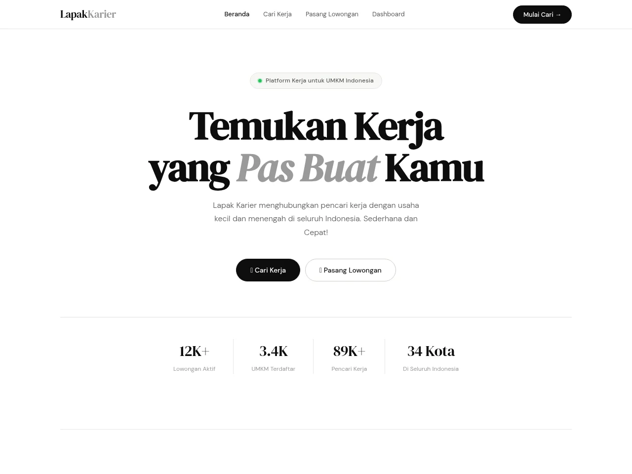 Lapak Karier job board platform screenshot showing job search interface