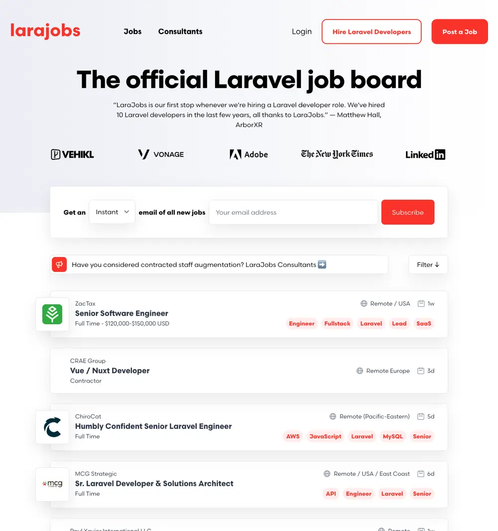 LaraJobs job board platform screenshot showing job search interface