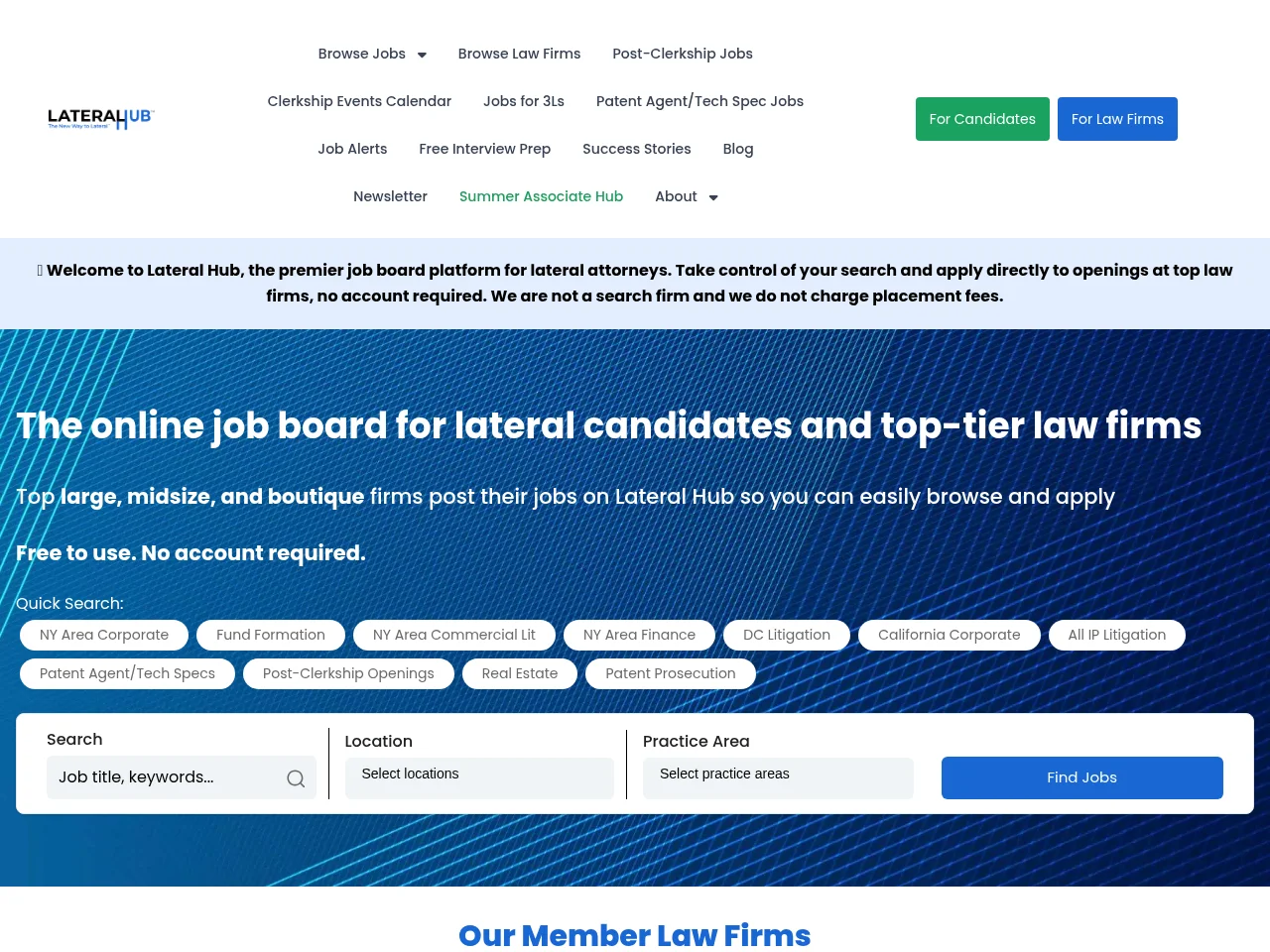 Lateral Hub job board platform screenshot showing job search interface