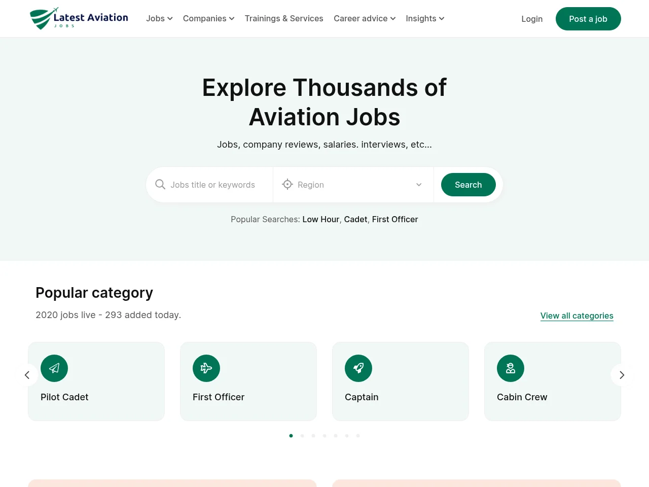 Latest Aviation Jobs job board platform screenshot showing job search interface
