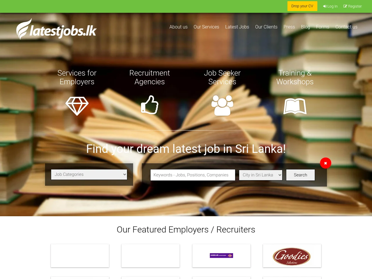 LatestJobs.lk job board platform screenshot showing job search interface