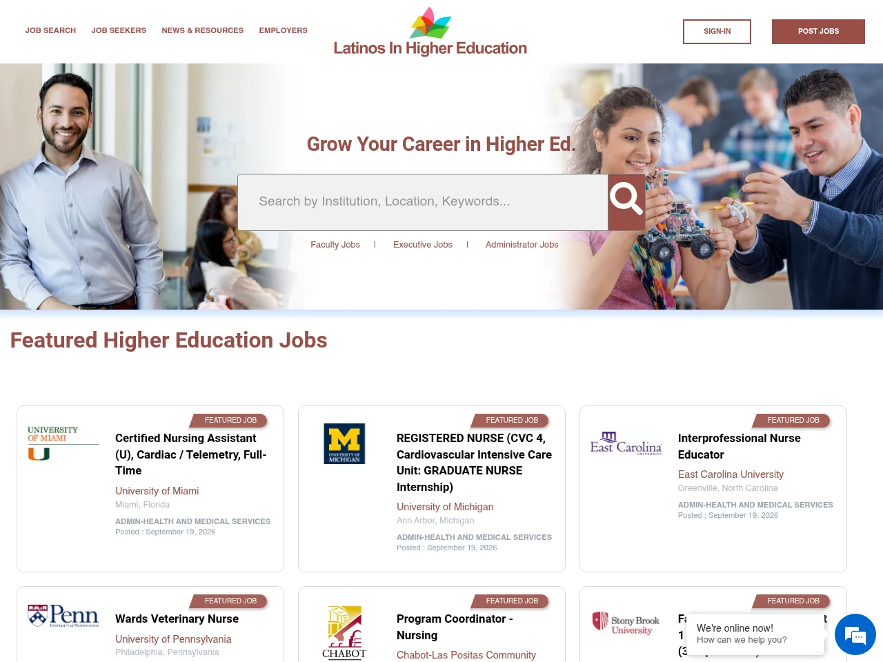 Latinos In Higher Education job board platform screenshot showing job search interface