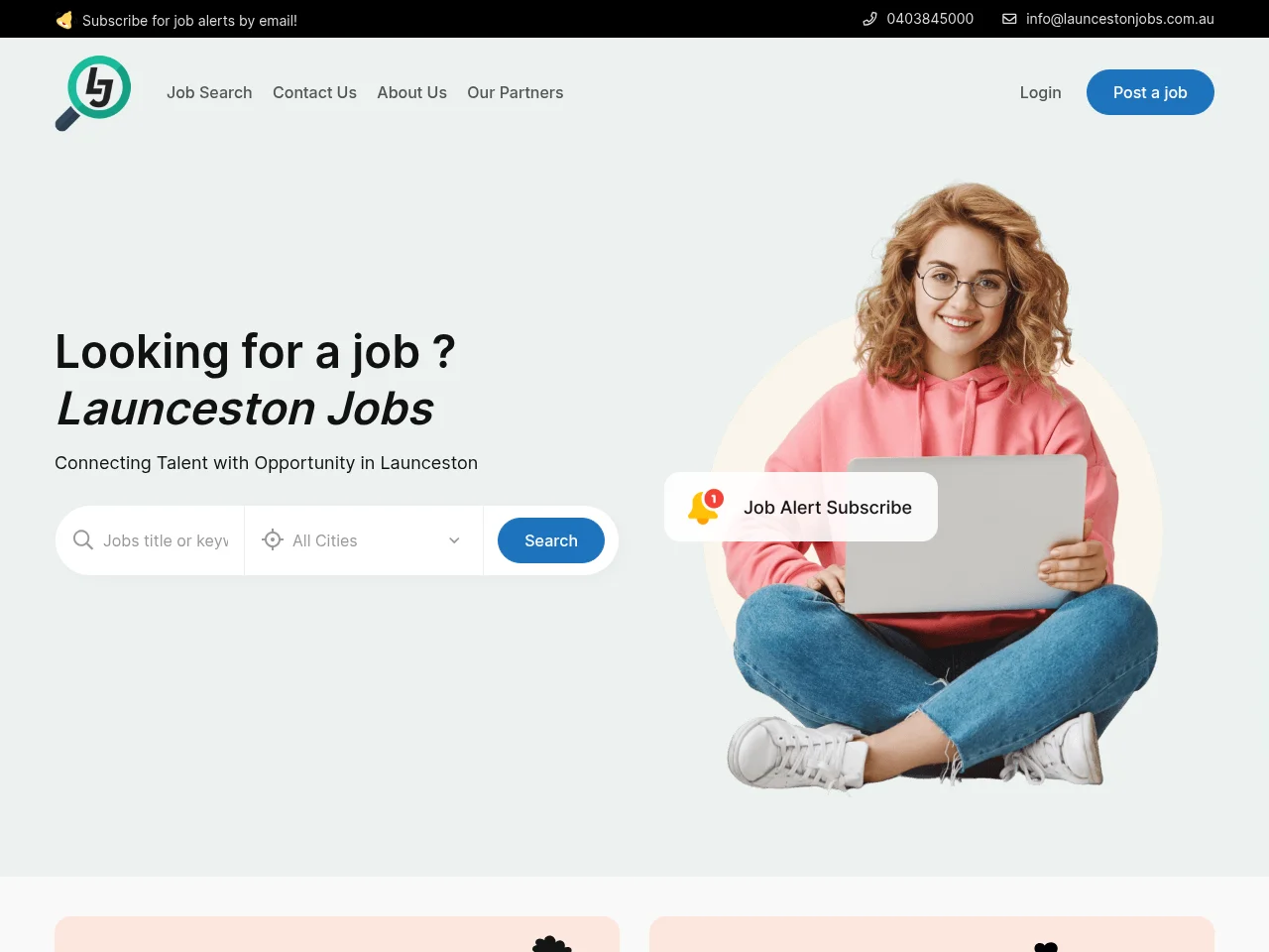 Launceston Jobs job board platform screenshot showing job search interface