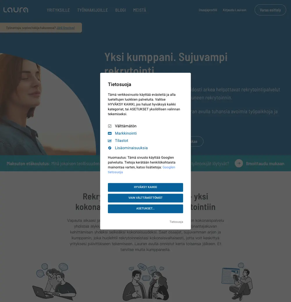 Laura.fi job board platform screenshot showing job search interface