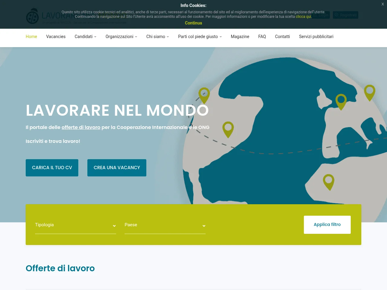Lavorare nel Mondo job board platform screenshot showing job search interface
