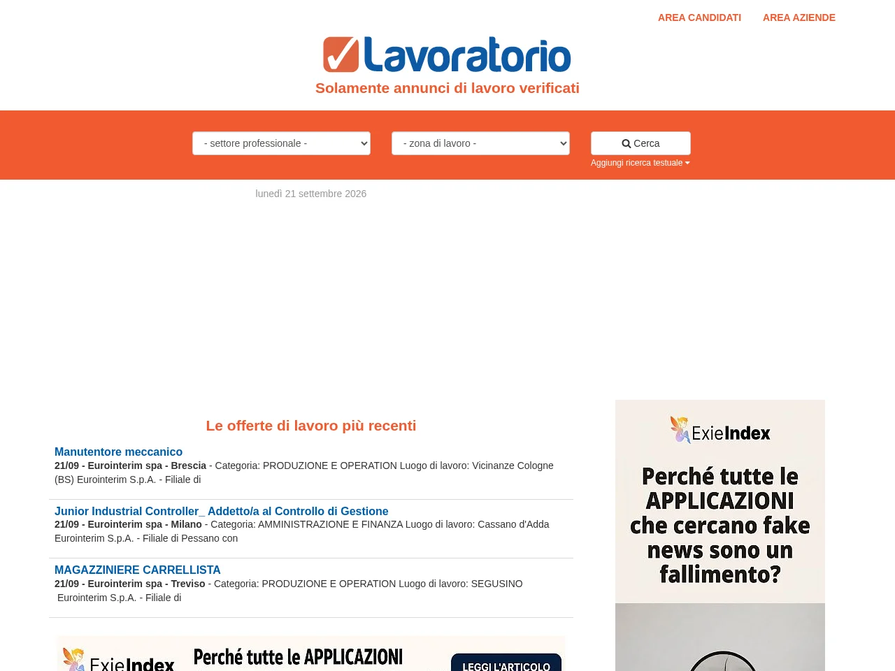 Lavoratorio.it job board platform screenshot showing job search interface