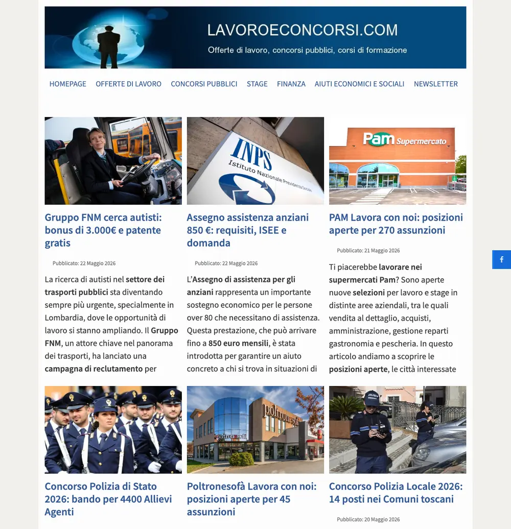 Lavoro e Concorsi job board platform screenshot showing job search interface