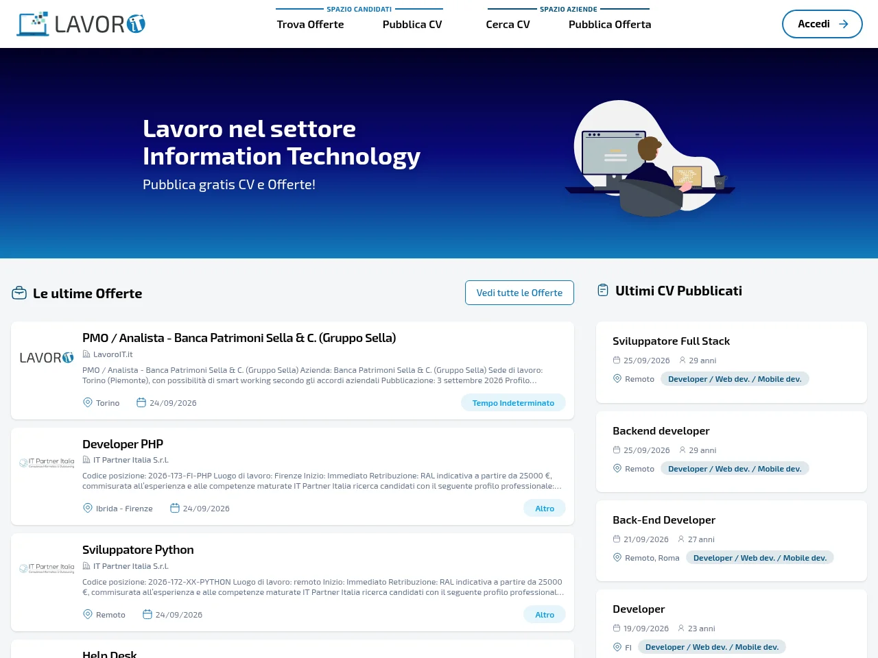 LavoroIT job board platform screenshot showing job search interface