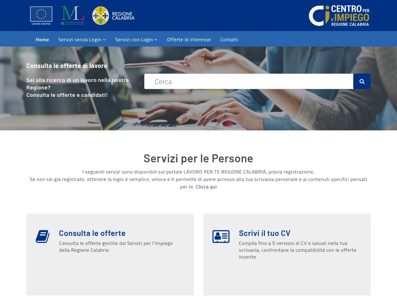 LAVORO PER TE REGIONE CALABRIA job board platform screenshot showing job search interface