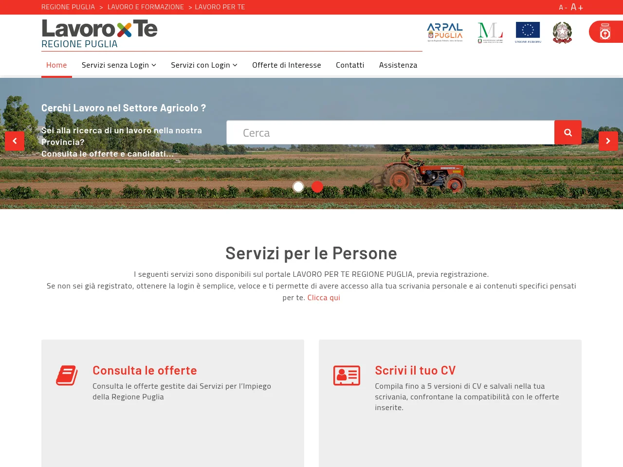 Lavoro Per Te Regione Puglia job board platform screenshot showing job search interface