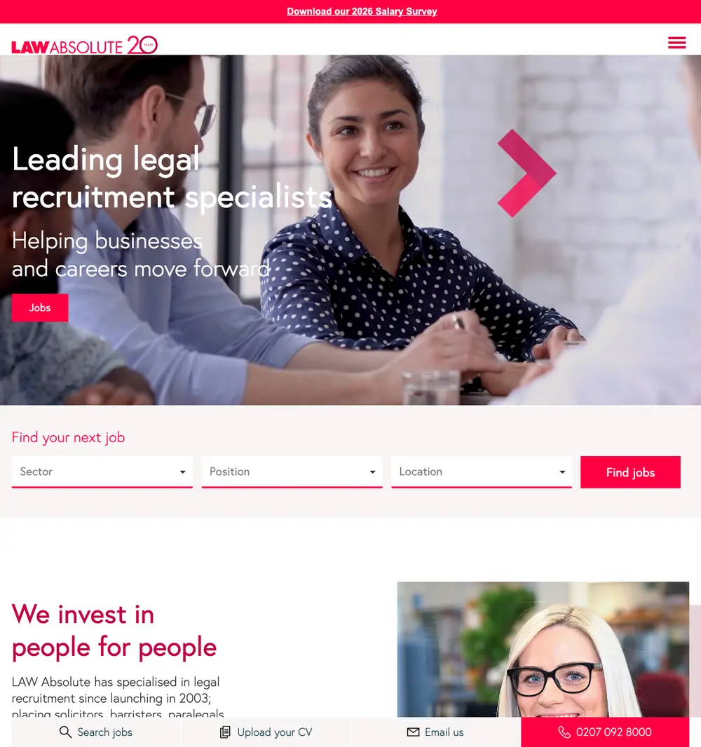 LAW Absolute job board platform screenshot showing job search interface