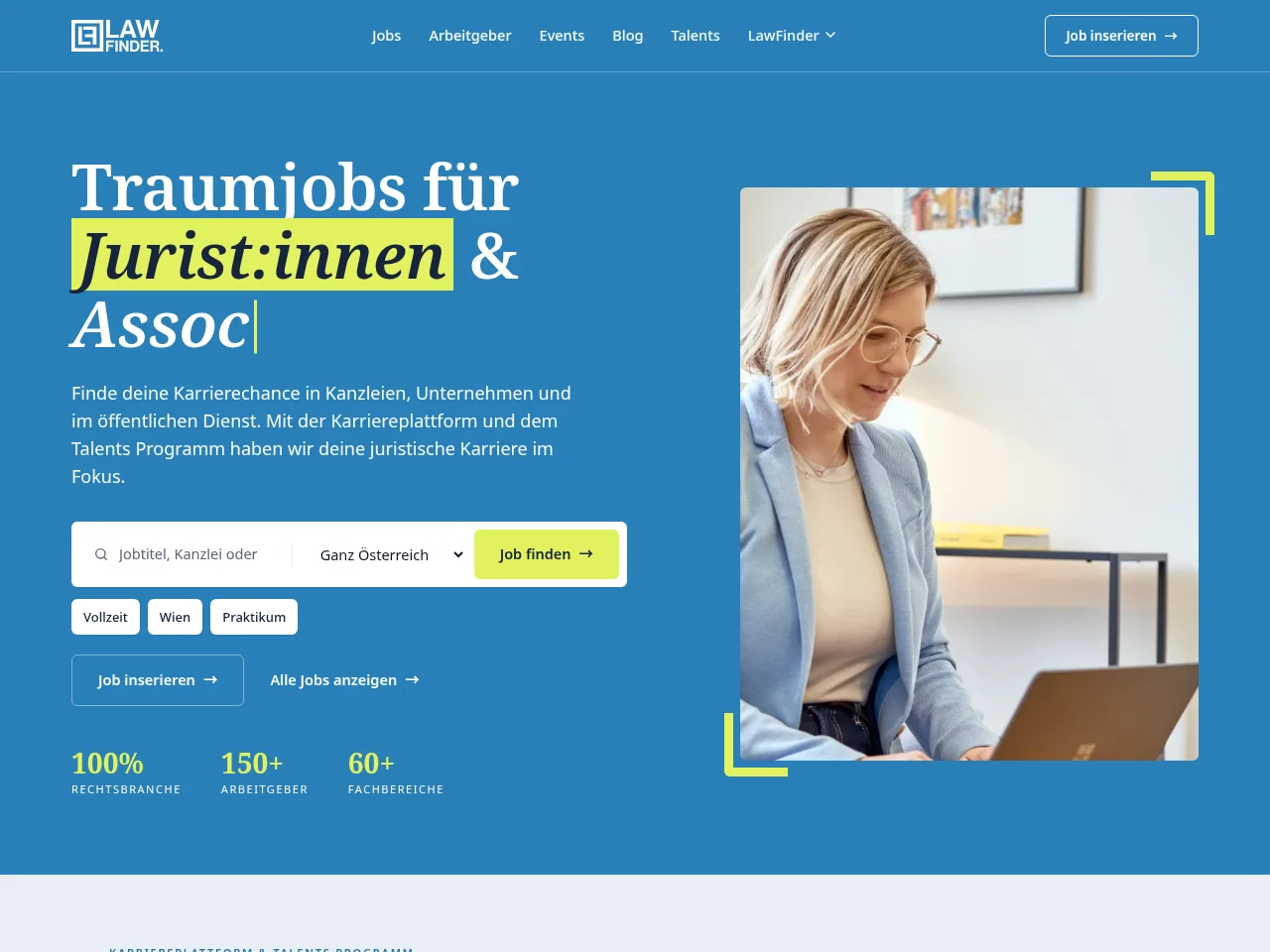 LawFinder job board platform screenshot showing job search interface