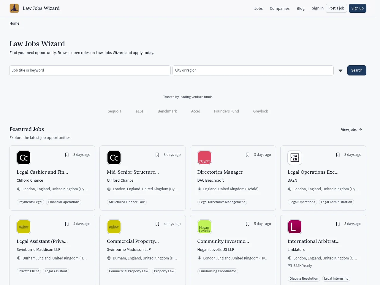 Law Jobs Wizard job board platform screenshot showing job search interface