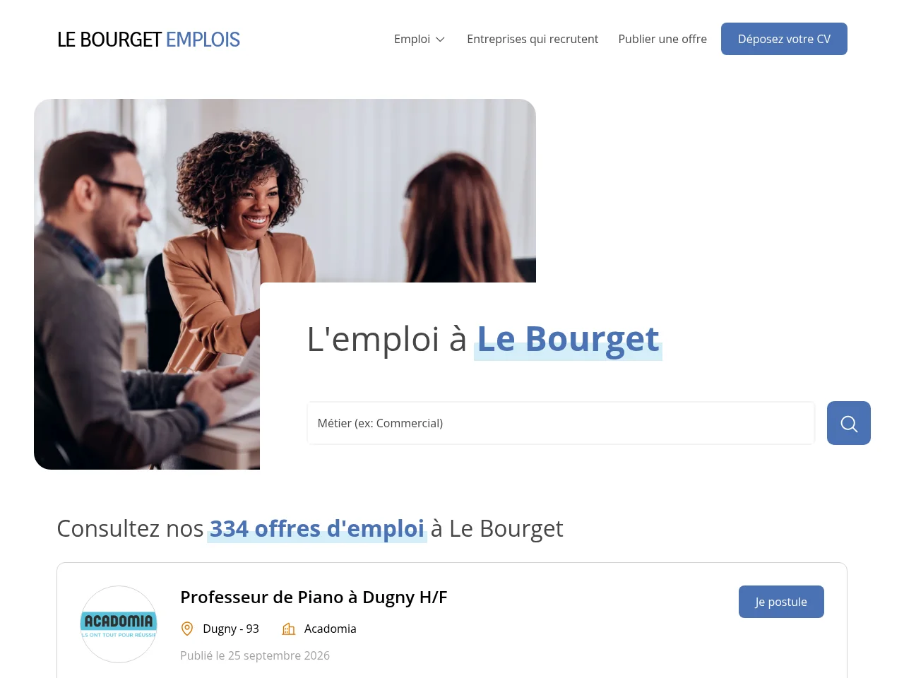 Le Bourget Emplois job board platform screenshot showing job search interface