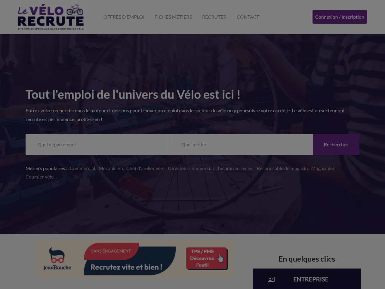 Le Vélo Recrute job board platform screenshot showing job search interface