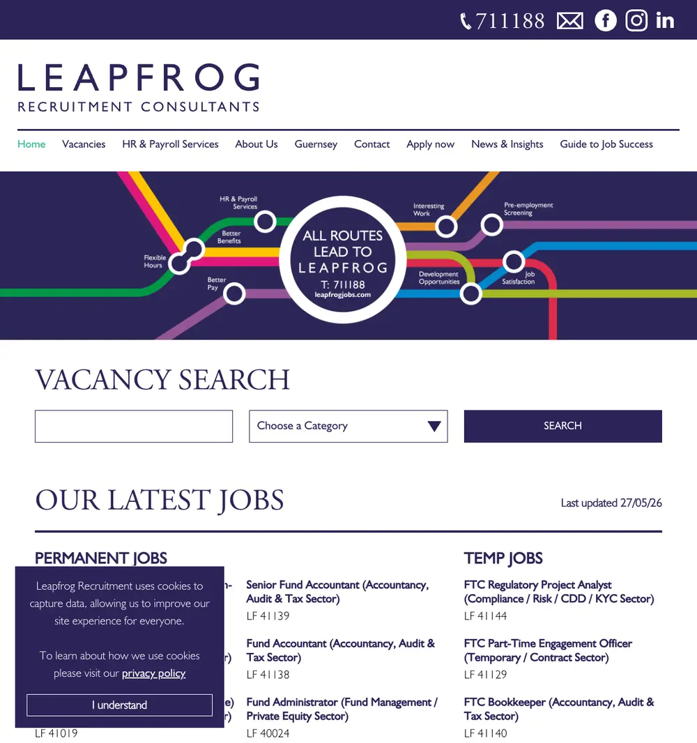 Leapfrog Recruitment job board platform screenshot showing job search interface