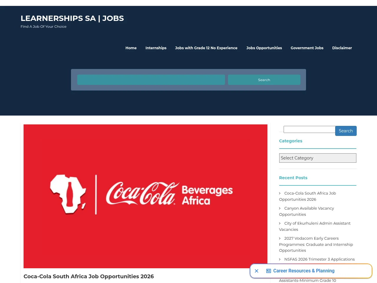 LEARNERSHIPS SA job board platform screenshot showing job search interface