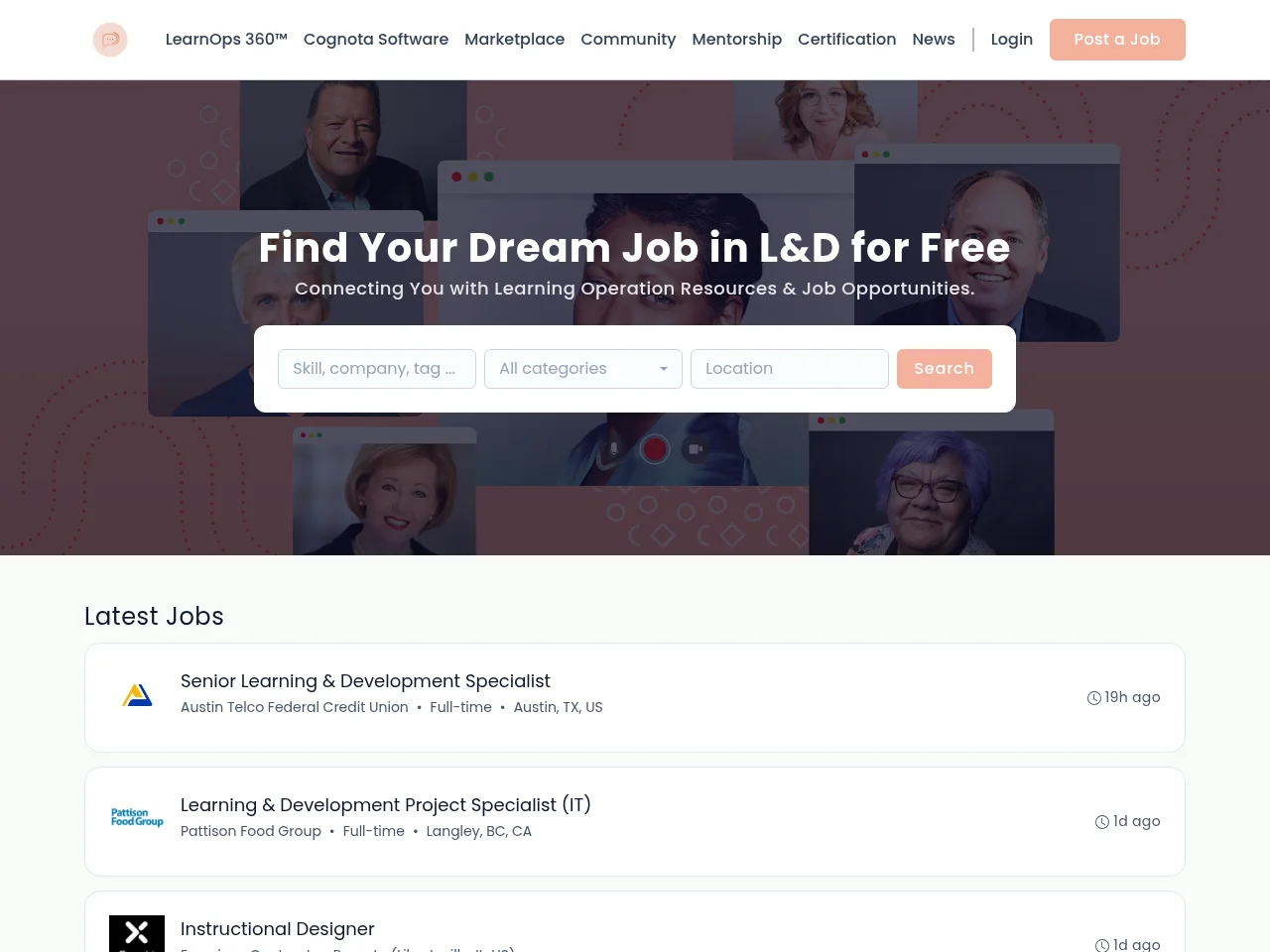 LearnOps 360 job board platform screenshot showing job search interface