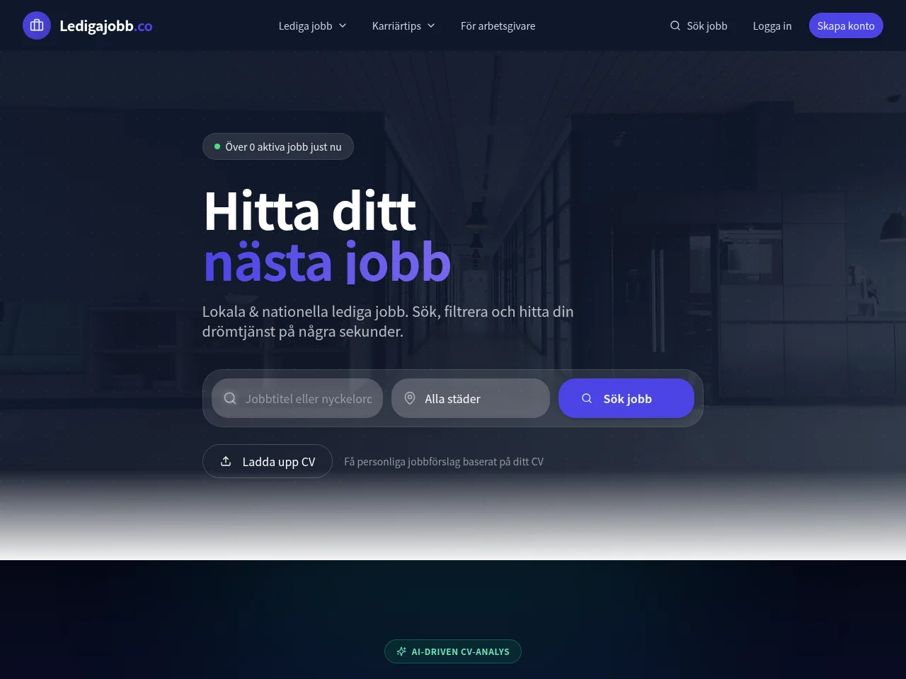 Ledigajobb.co job board platform screenshot showing job search interface