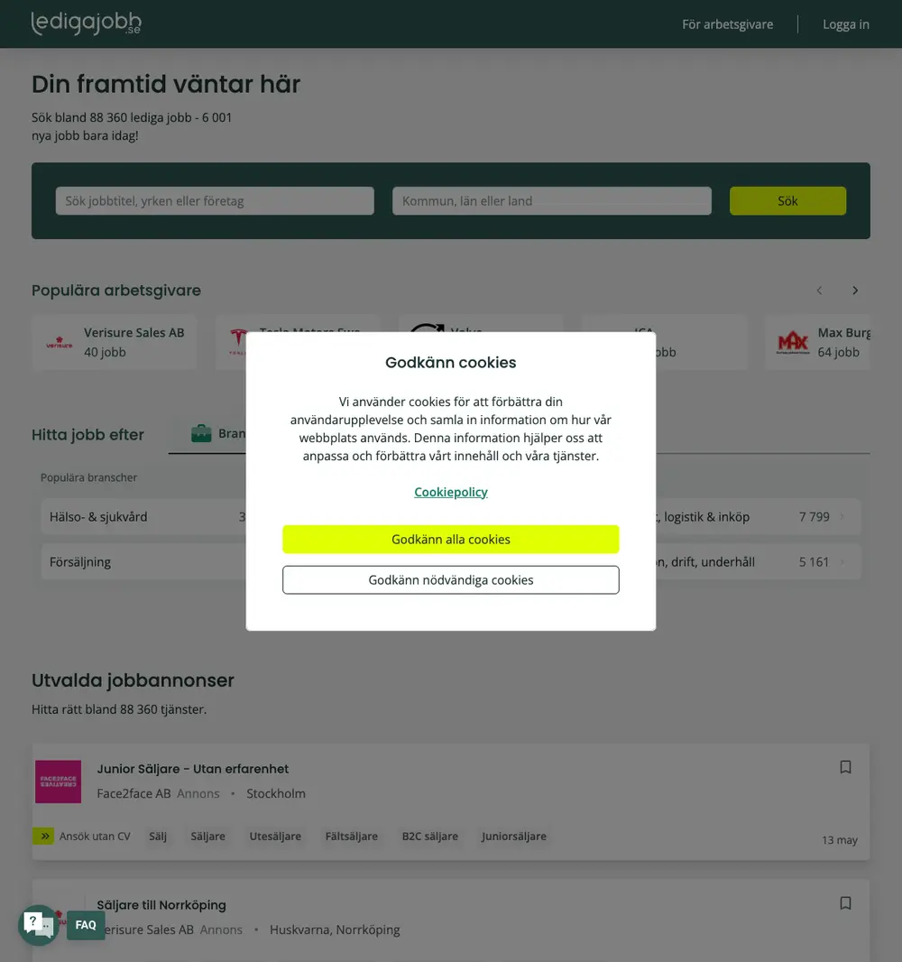 Ledigajobb.se job board platform screenshot showing job search interface