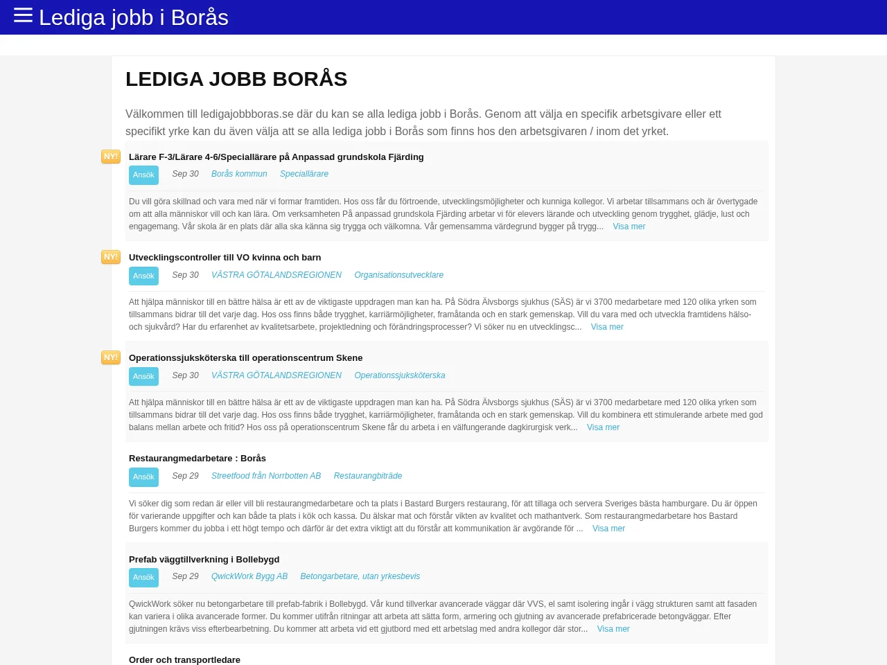 ledigajobbboras.se job board platform screenshot showing job search interface