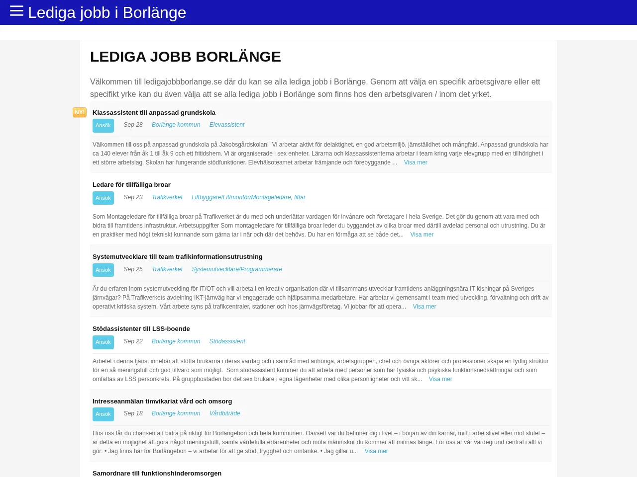 ledigajobbborlange.se job board platform screenshot showing job search interface