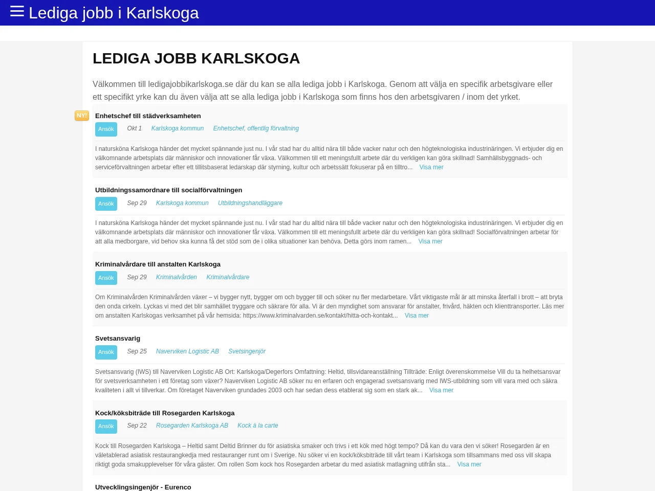 ledigajobbikarlskoga.se job board platform screenshot showing job search interface
