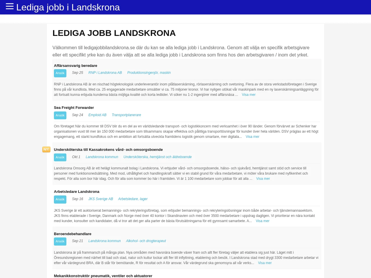 ledigajobbilandskrona.se job board platform screenshot showing job search interface