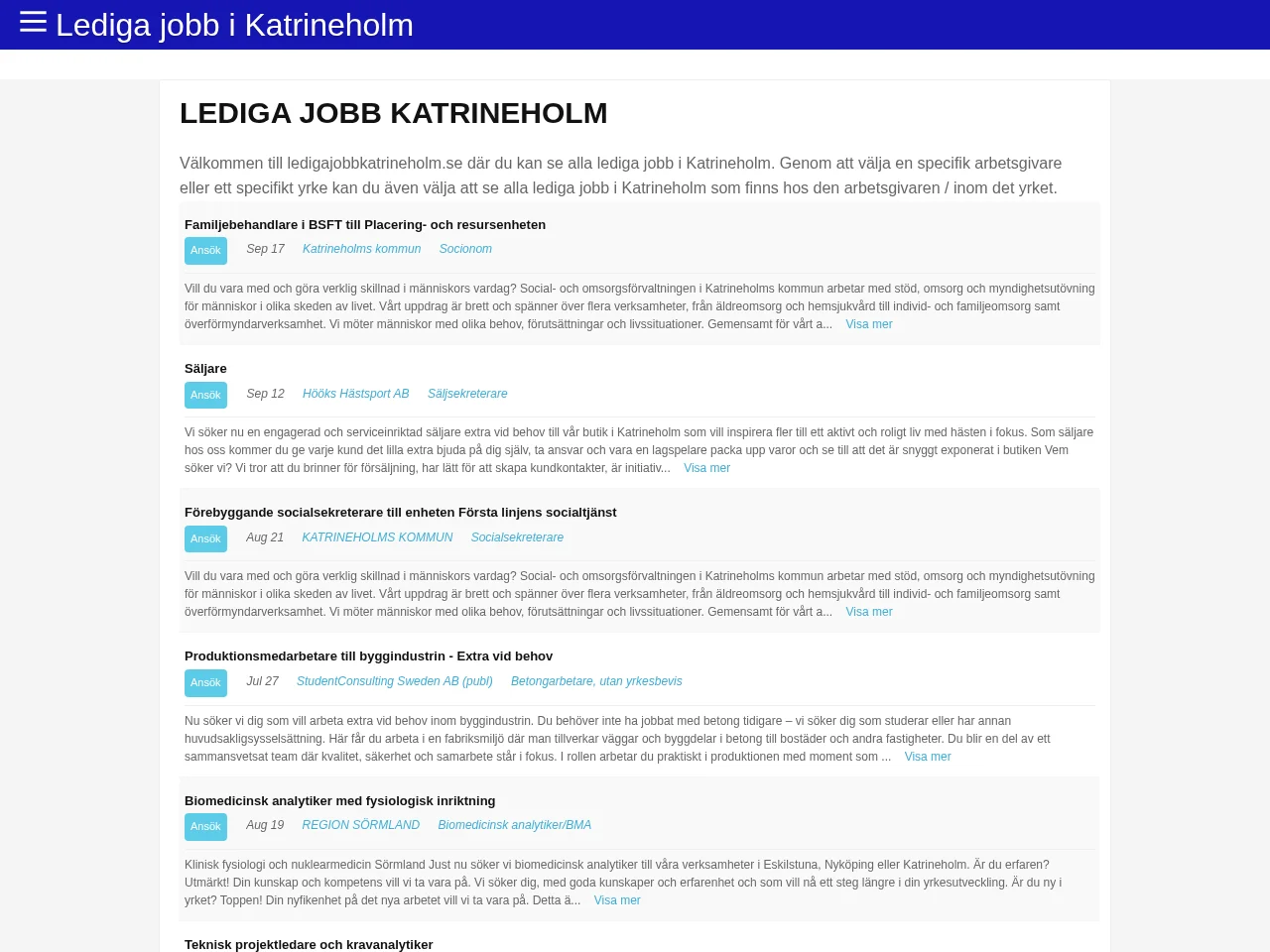ledigajobbkatrineholm.se job board platform screenshot showing job search interface