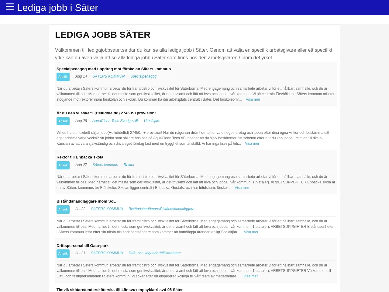 ledigajobbsater.se screenshot ledigajobbsater.se job board platform screenshot showing job search interface