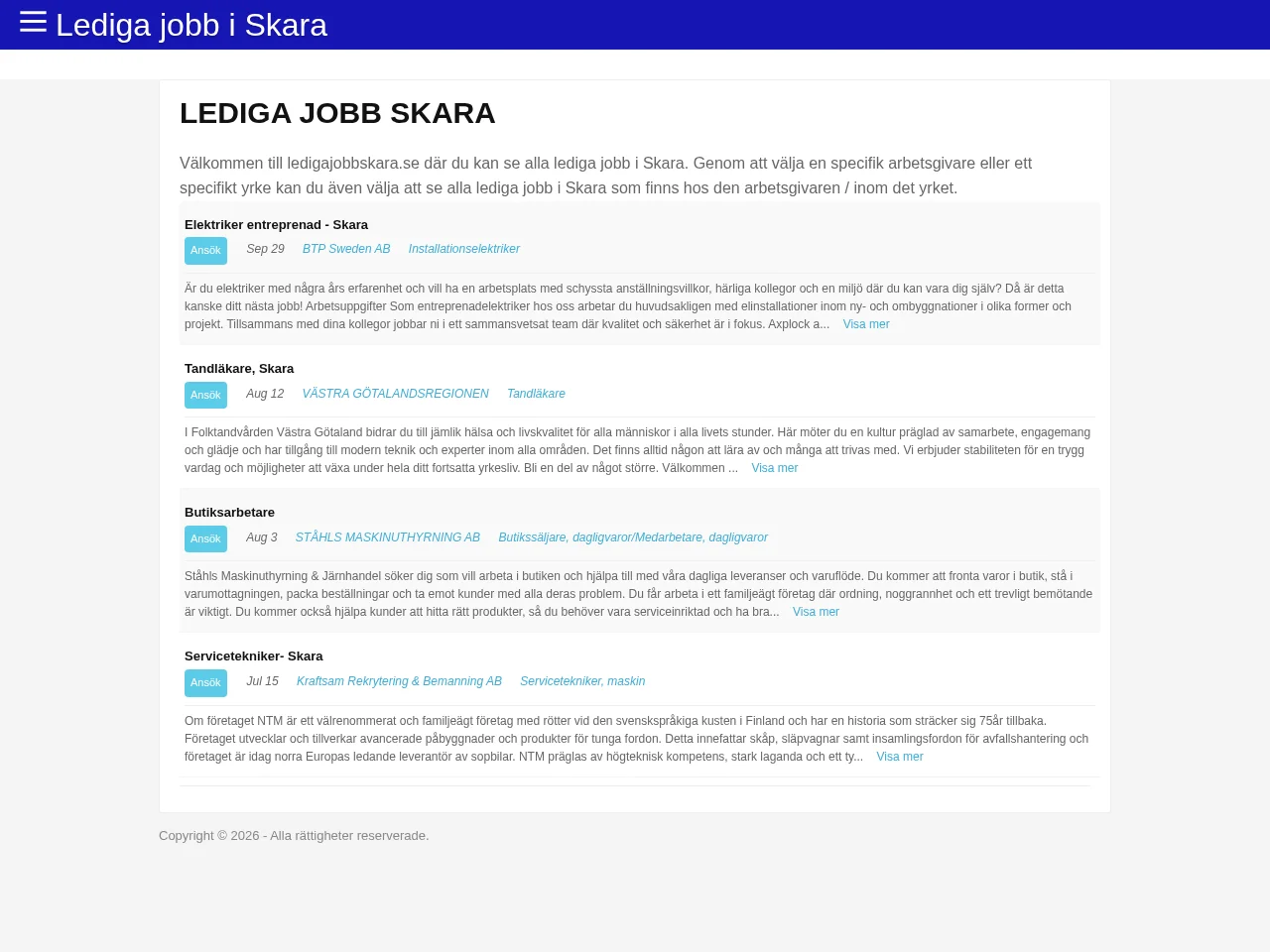 ledigajobbskara.se job board platform screenshot showing job search interface
