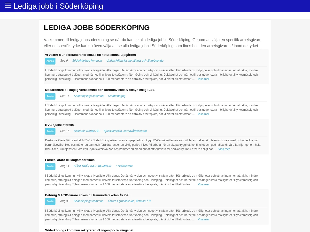 ledigajobbsoderkoping.se screenshot ledigajobbsoderkoping.se job board platform screenshot showing job search interface