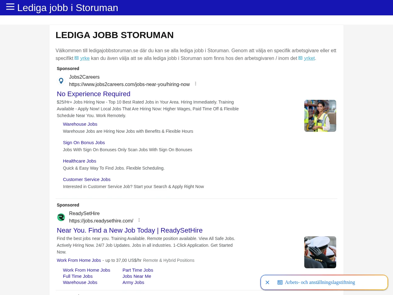 ledigajobbstoruman.se job board platform screenshot showing job search interface