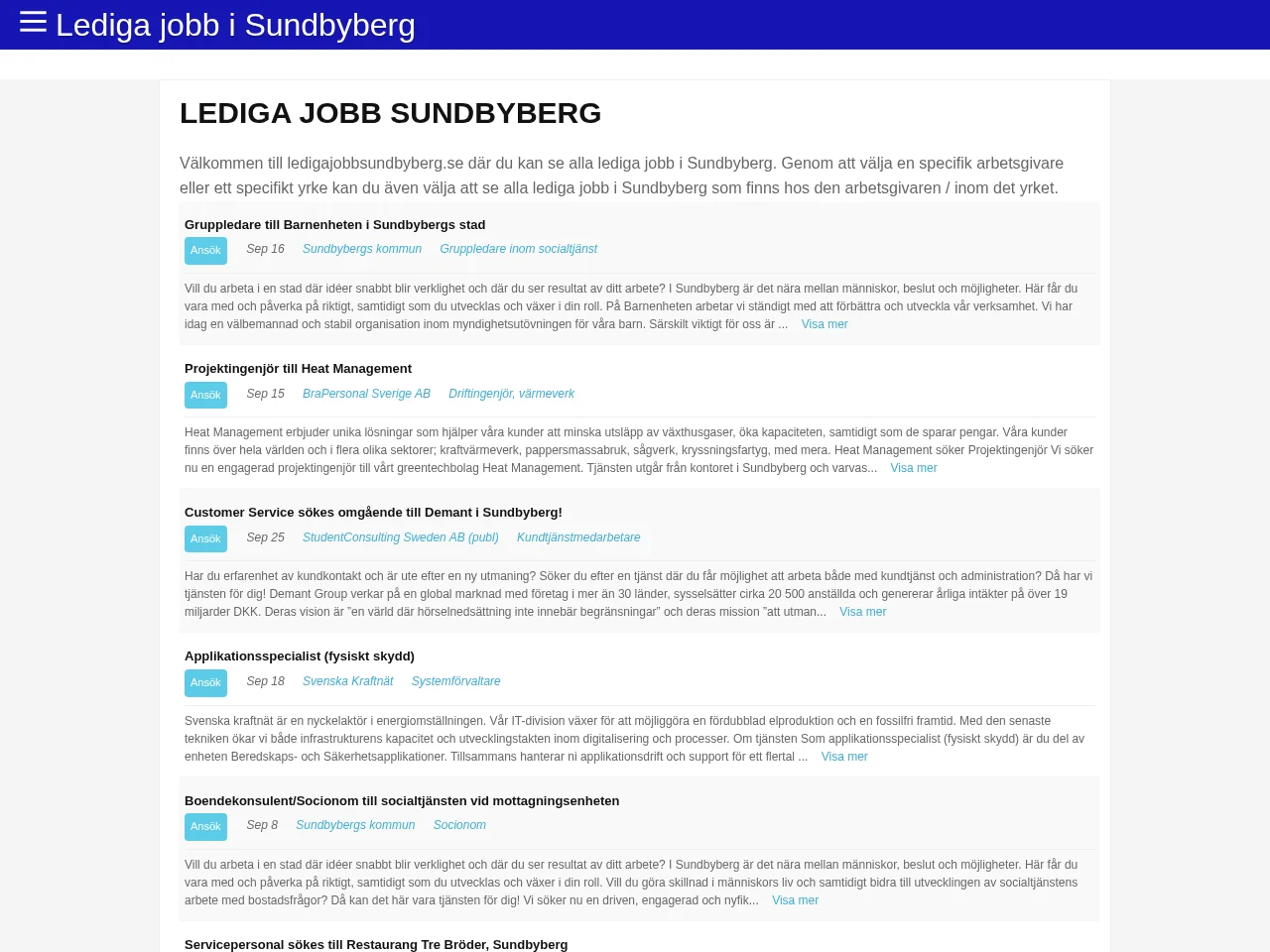 ledigajobbsundbyberg.se screenshot ledigajobbsundbyberg.se job board platform screenshot showing job search interface