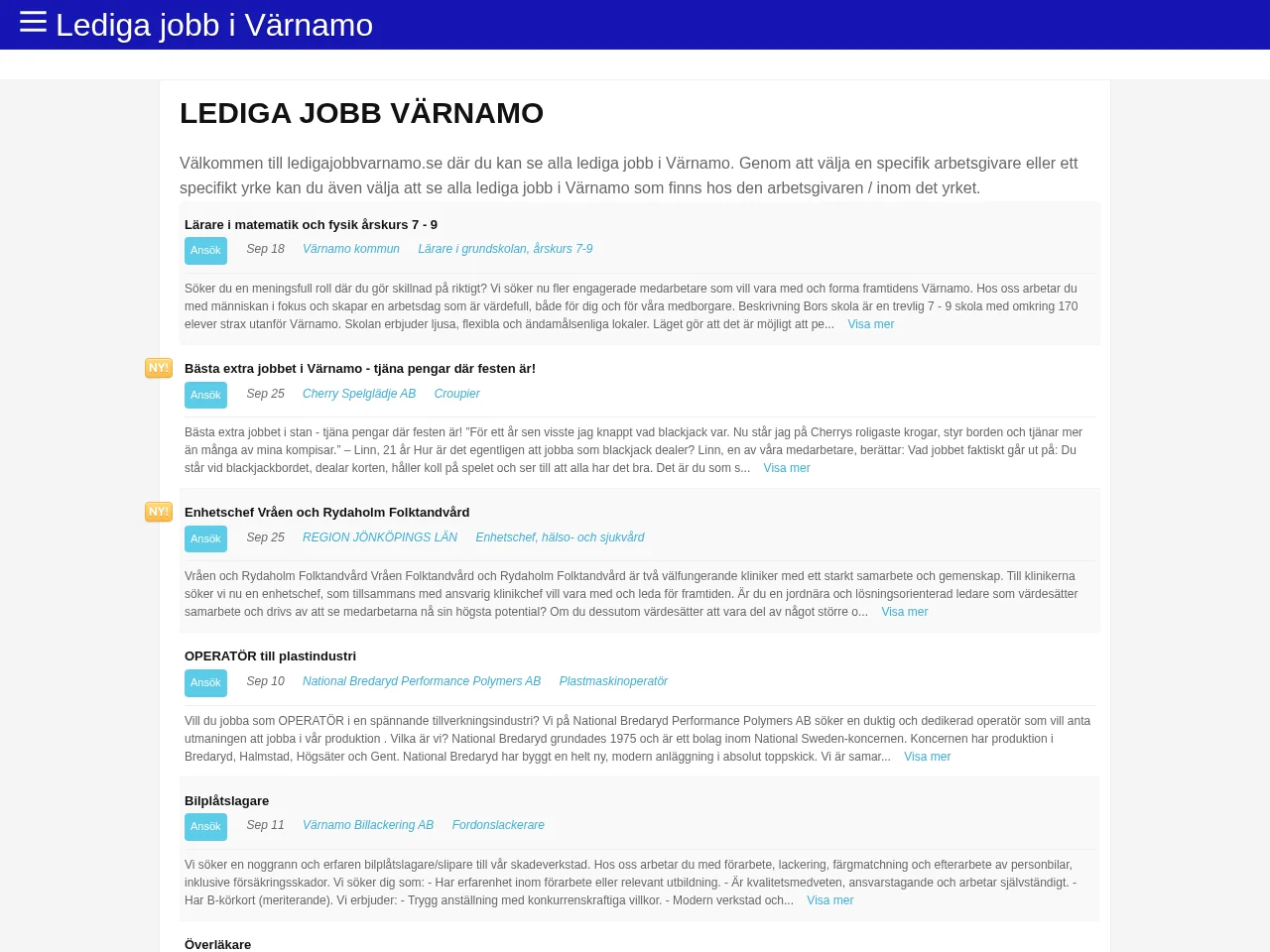 ledigajobbvarnamo.se job board platform screenshot showing job search interface