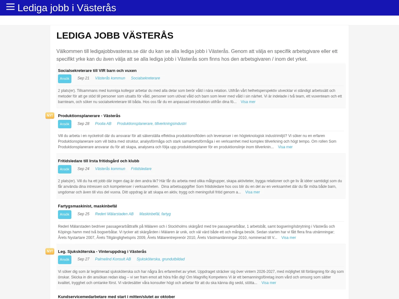 ledigajobbvasteras.se job board platform screenshot showing job search interface