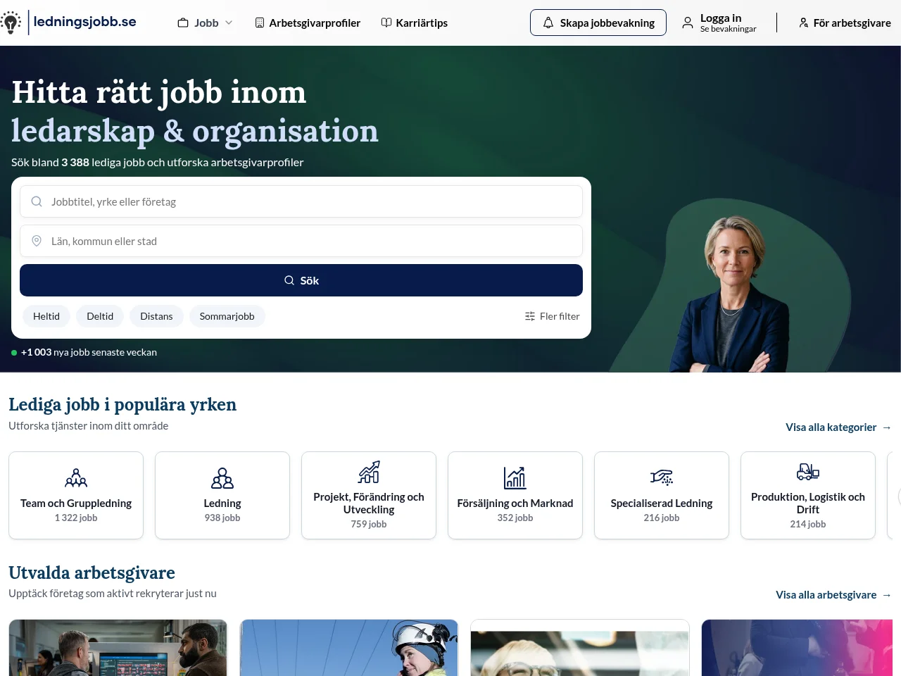 Ledningsjobb job board platform screenshot showing job search interface