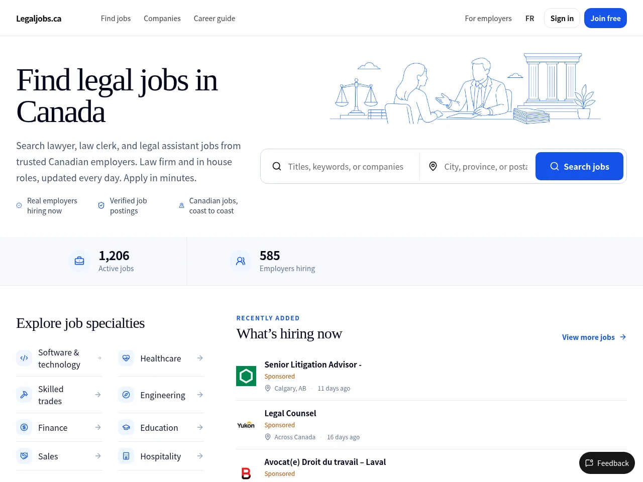 Legaljobs.ca job board platform screenshot showing job search interface