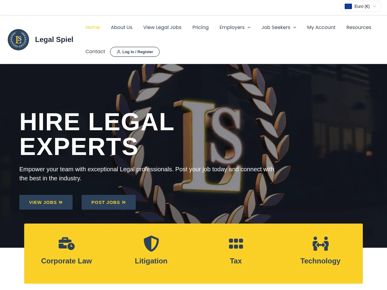 Legal Spiel job board platform screenshot showing job search interface