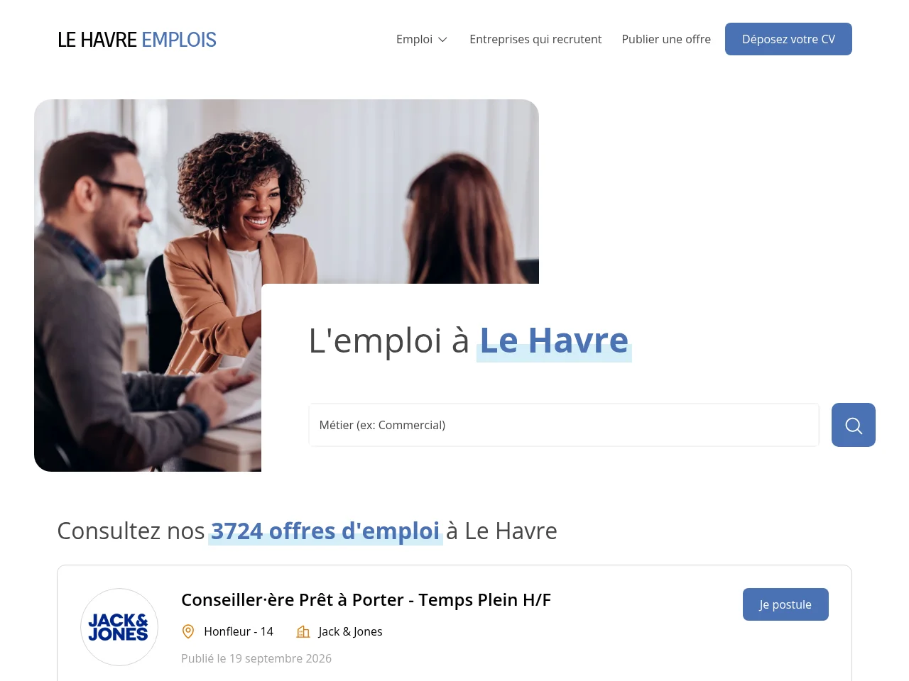 Le Havre Emplois job board platform screenshot showing job search interface