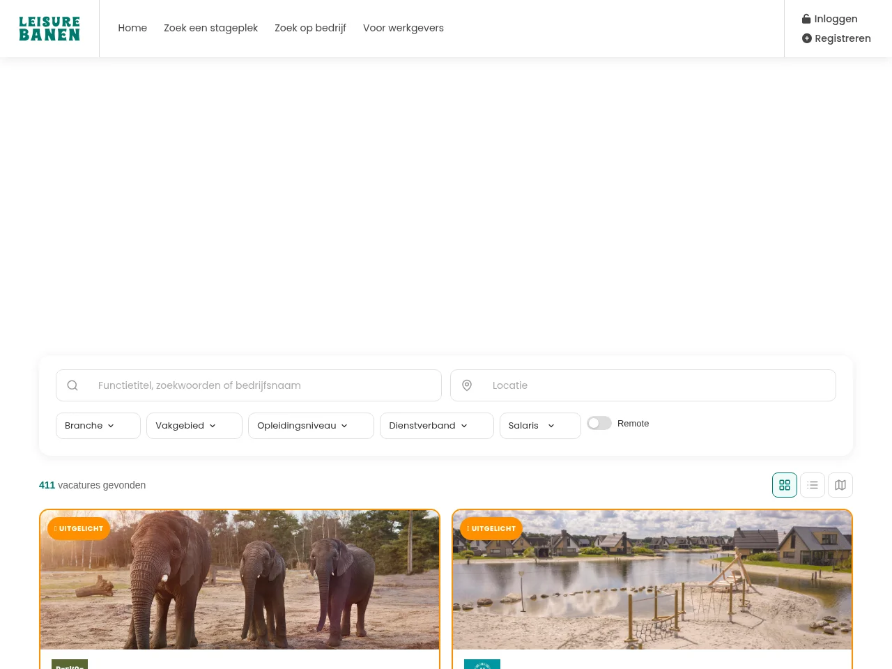 Leisure Banen job board platform screenshot showing job search interface